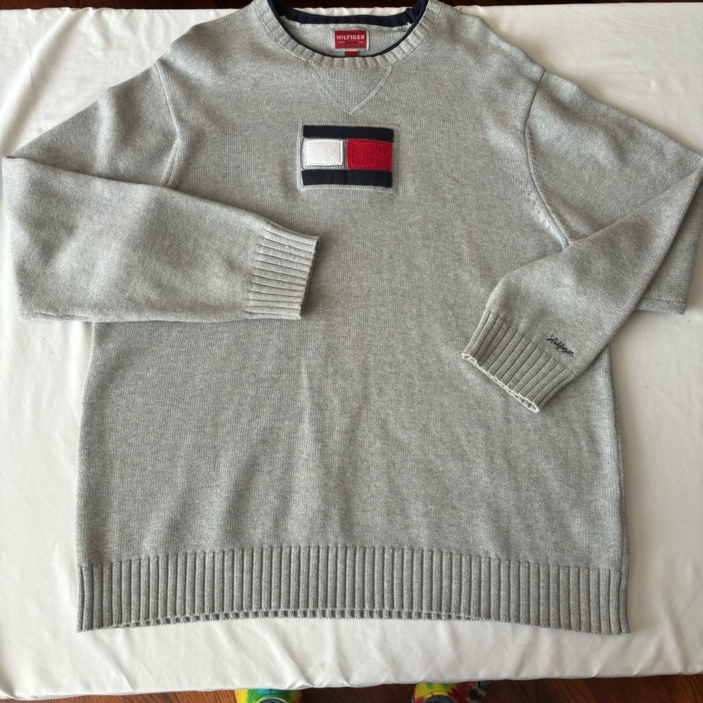 Tommy Hilfiger Vintage Gray Sweater Mens XL Flag Crewneck Denim Collection